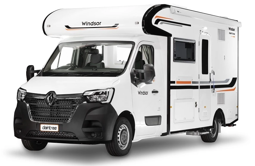 Exterior promo shot of the Windsor Daintree motorhome with luton peak used for storage.