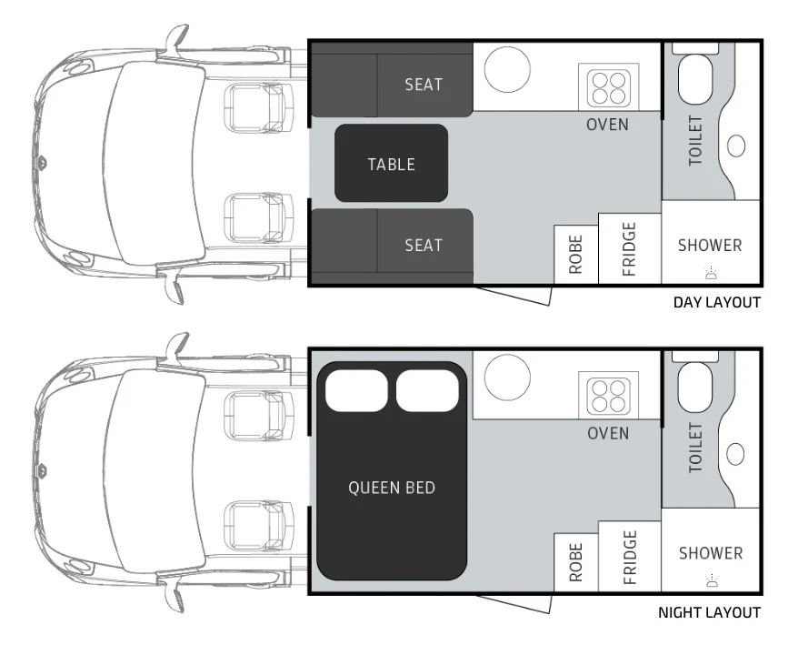 Floor plan of Windsor Daintree motorhome showing both the daytime and nighttime layout.