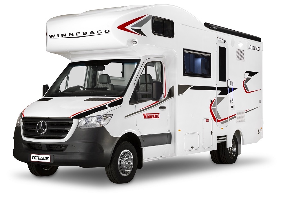 Winnebago Cottesloe Class C motorhome as seen from the exterior front left.