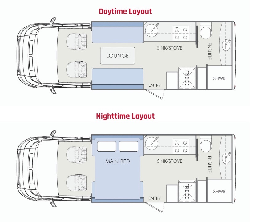 Winnebago Cottesloe Class C motorhome floor plan showing the day time and the night time layouts.