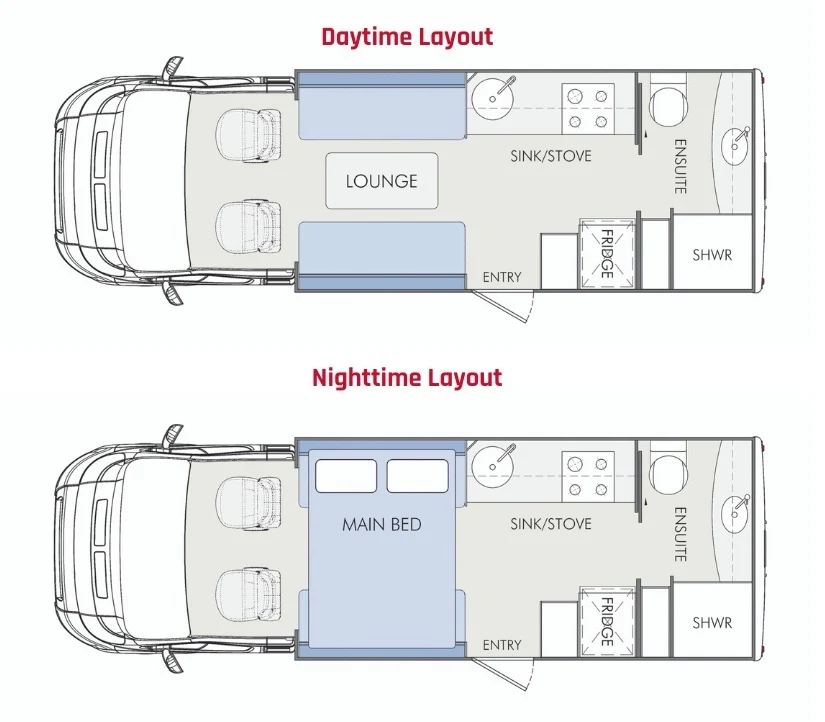 Winnebago Cottesloe Class C motorhome floor plan showing the day time and the night time layouts.