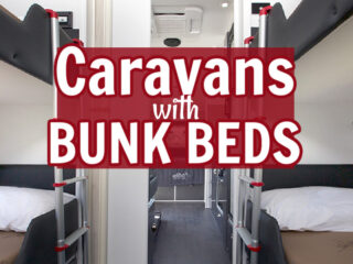 Interior view of caravan bunk beds with text: Caravans with bunk beds.