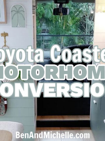 Internal view of a motorhome with the caption: Toyota Coaster Motorhome Conversion.
