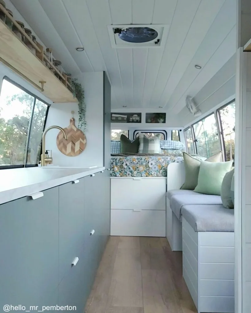 Before and after photos of converted Toyota Coaster motorhome showing the rear of the bus.
