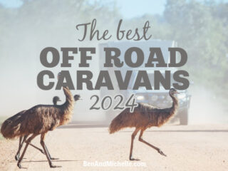 Emus running in front of a car and caravan on an outback road, with text: The best off road caravans 2024.
