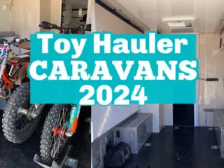 Two photos of the rear of the caravan, one showing an empty garage and the other with 3 motorbikes in the back, with text: Toy Hauler Caravans Australia 2024.