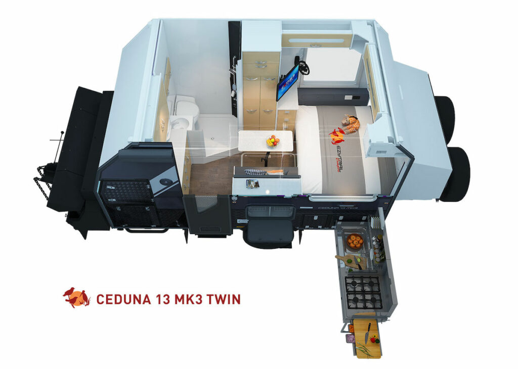 3D floor plan of the Ezytrail Ceduna MK3 Twin caravan.