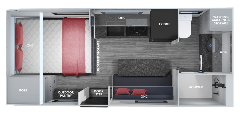 Floor plan of the Lotus Freelander 17' offroad caravan.