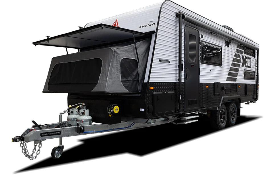 Exterior view of the New Age XU toy hauler caravan.