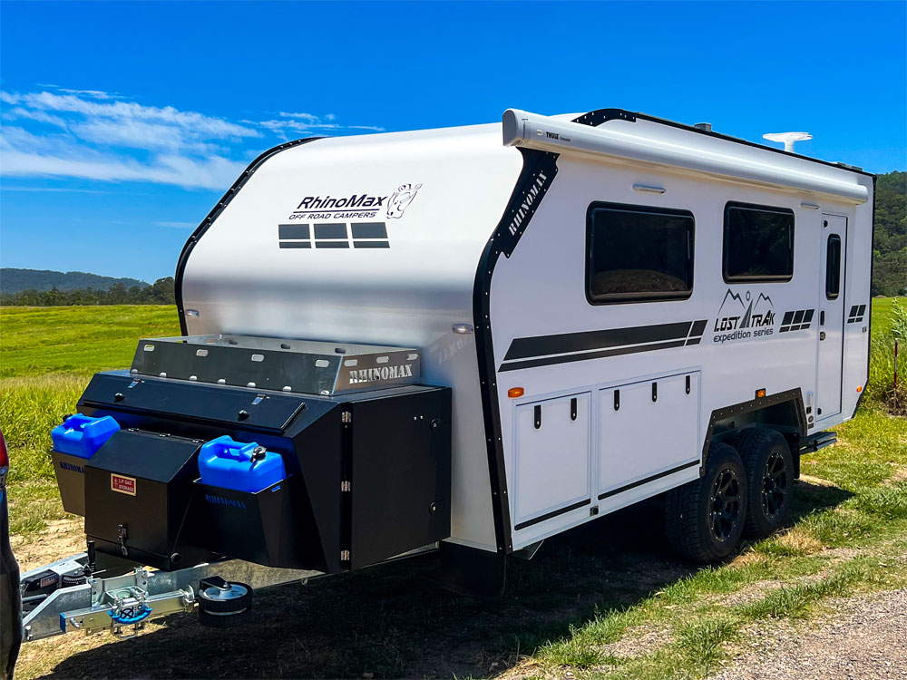 Exterior view of the Rhino Max Lost Track 18.5ft hybrid off road  caravan.