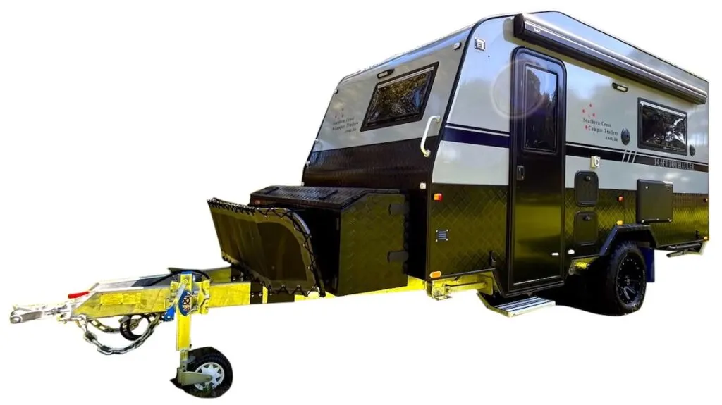 Exterior of the Southern Cross Caravans 14ft toy hauler caravan.