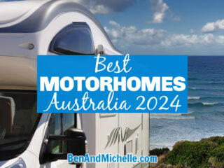 Side view of a motorhome parked next to the beach with text: Best Motorhomes Australia 2024.