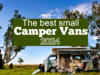 Woman camping with her small campervan; and text that reads: The best small camper vans 2024.