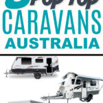 Collage of numerous pop top caravans with text: 8 pop top caravans Australia.