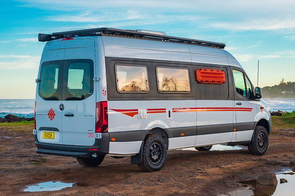 Exterior view of the Kimberley Kampers Kruiswagen campervan parked on rocky ground.