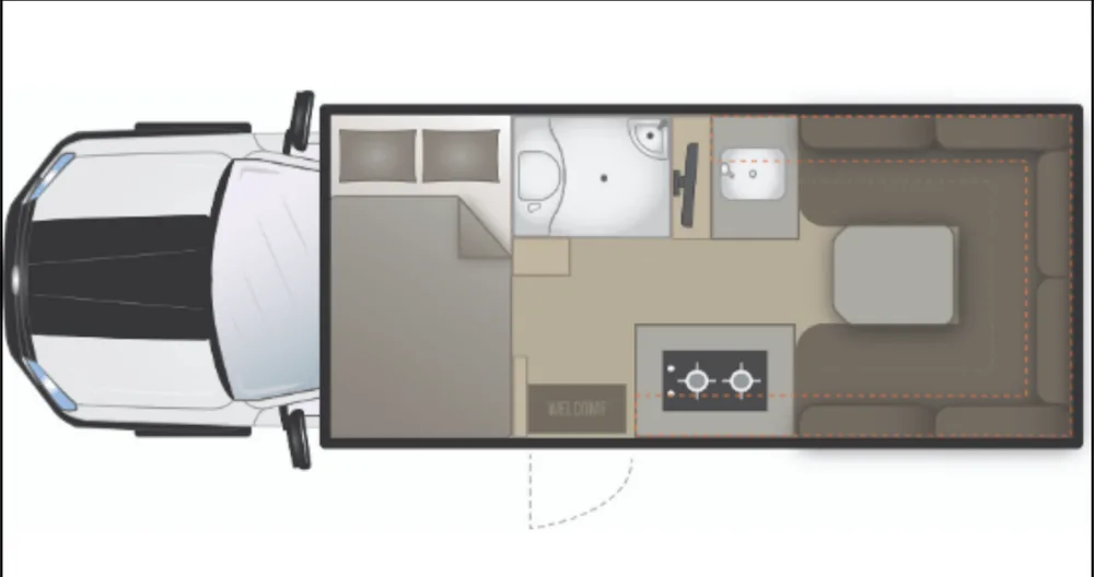 Floorplan of the Suncamper Sherwood Conqueror motorhome.