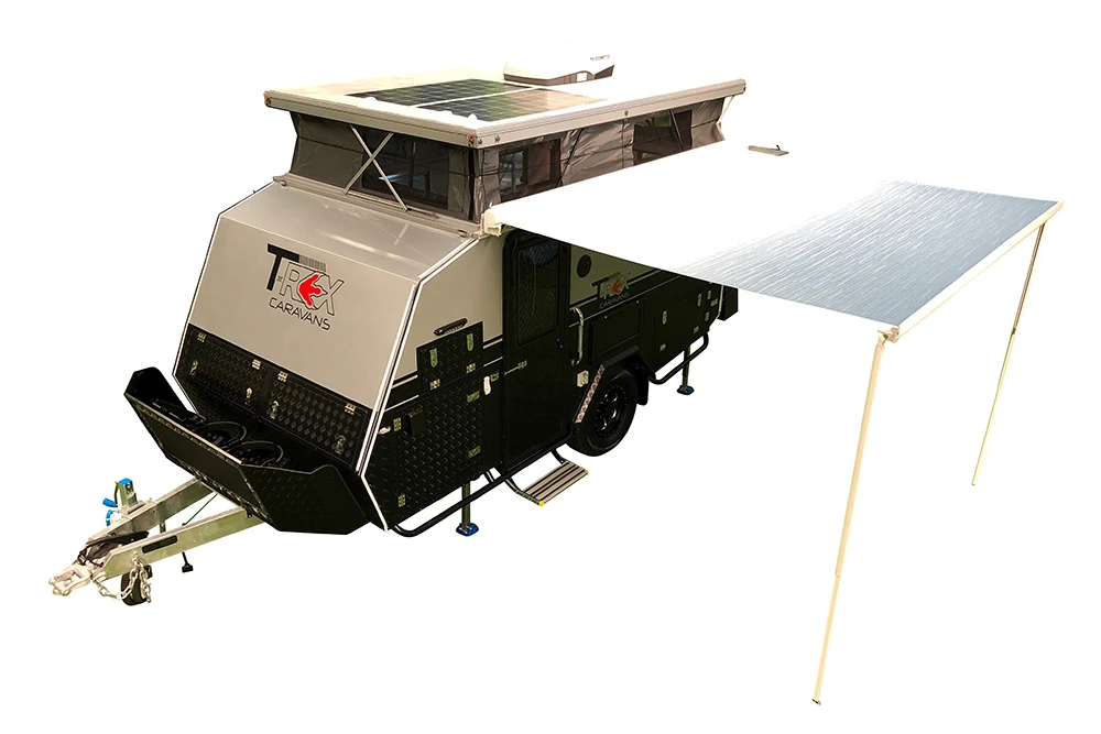 Overhead view of the Long Haul Campers T-Rex T13 pop top camper, shown with the roof up and the awning extended out.