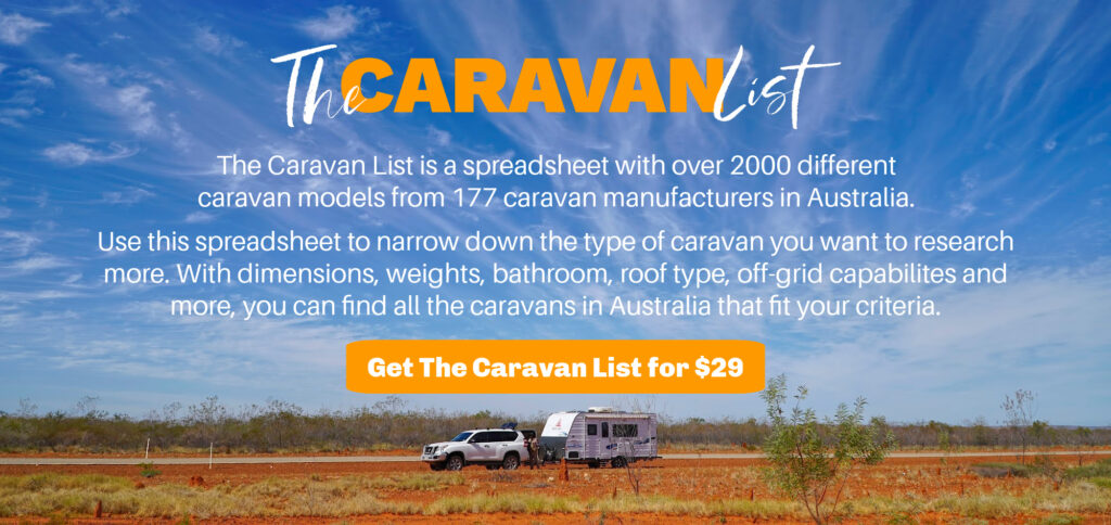 Car and caravan in the Australian outback with an expansive blue sky above. Includes ad copy for The Caravan List spreadsheet.