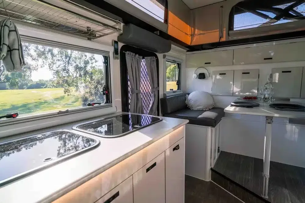 Interior view of the Austrak Tanami X15L hybrid caravan.