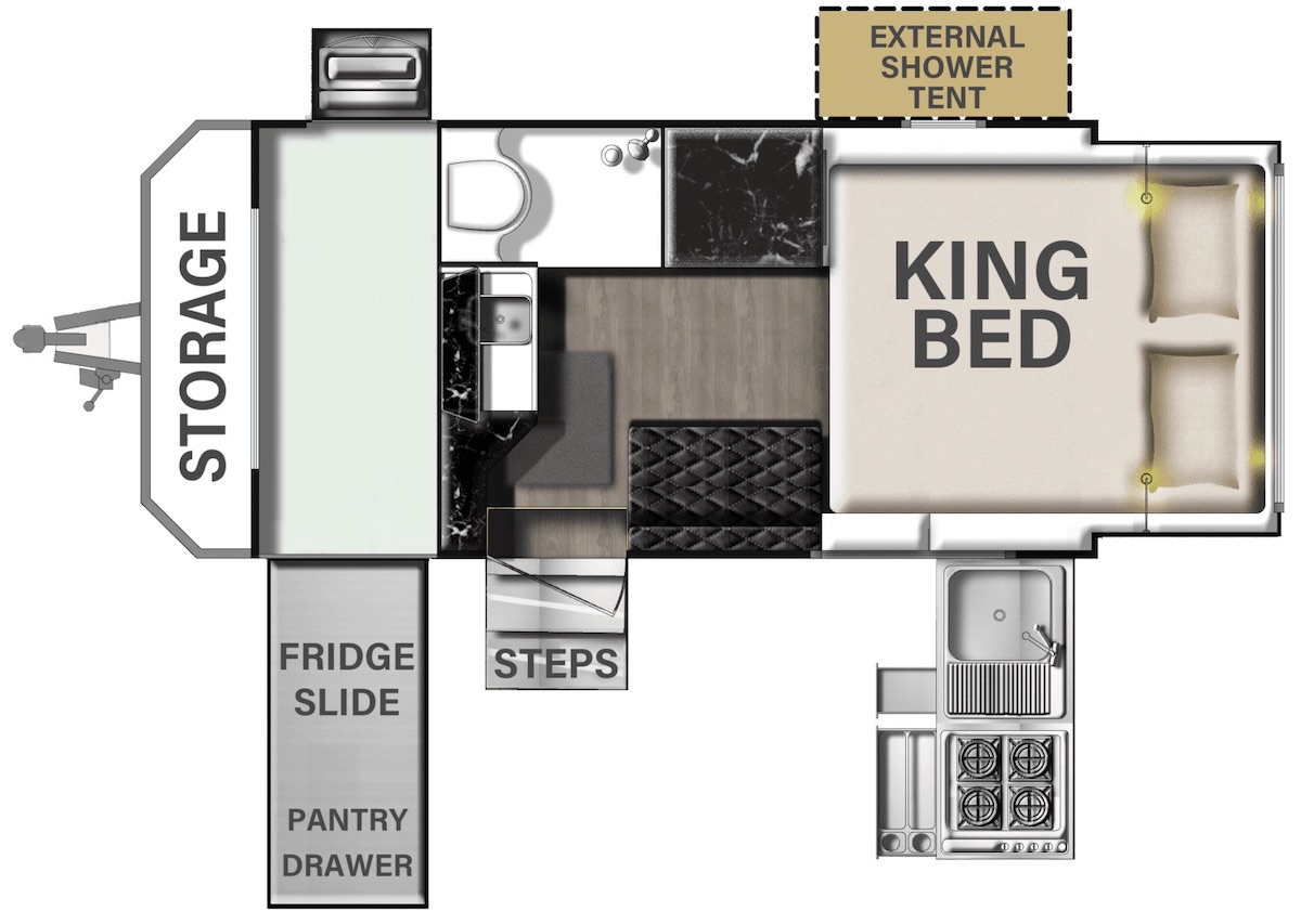 Floor plan illustration of the Prime Camper GT-13C hybrid camper.