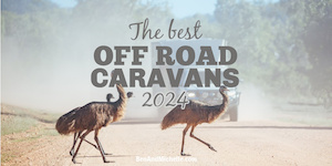 Emus running in front of a car and caravan on an outback road, with text: The best off road caravans 2024.